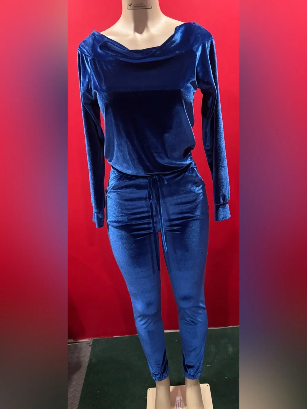 INC International Concepts Blue Velvet Drawstring Jumpsuit